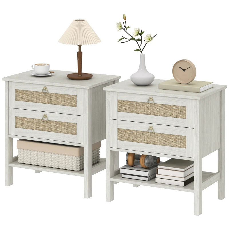 Set of 2 Boho Bedside Tables, Rattan Nightstands with 2 Drawers, Storage Shelf, End Side Tables for Bedroom, White Oak