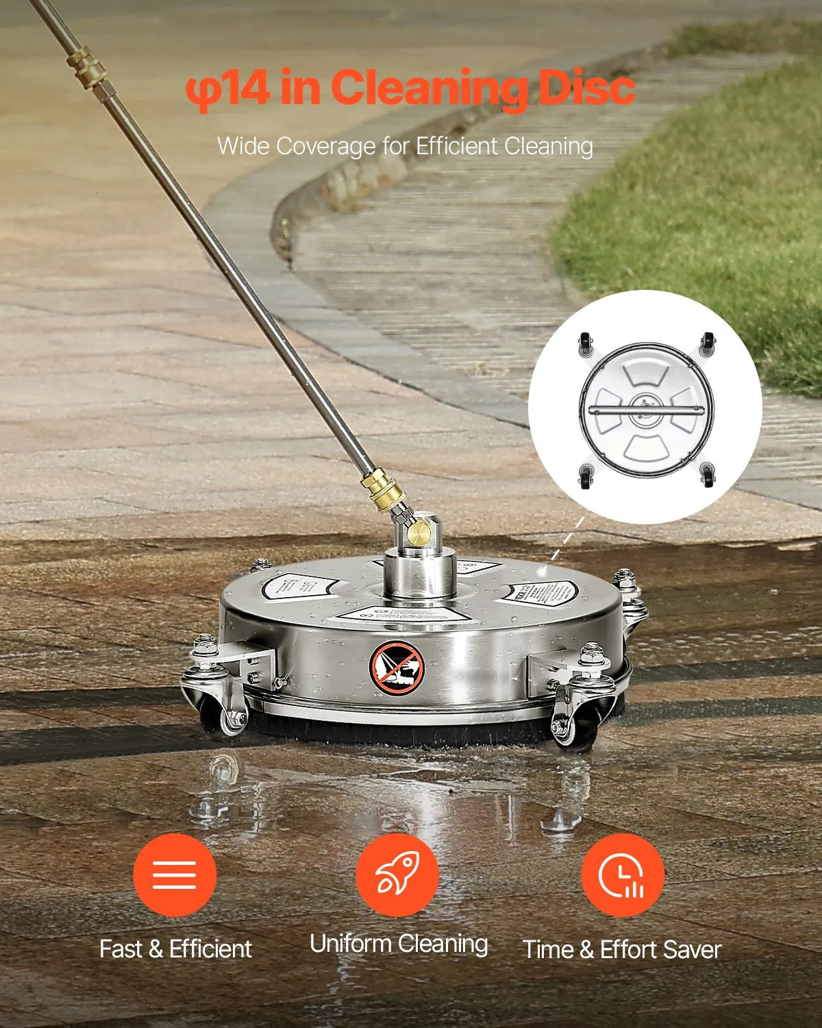VEVOR 14" Pressure Washer Surface Cleaner 4 Wheels 4000 Max PSI 2 Extended Wands