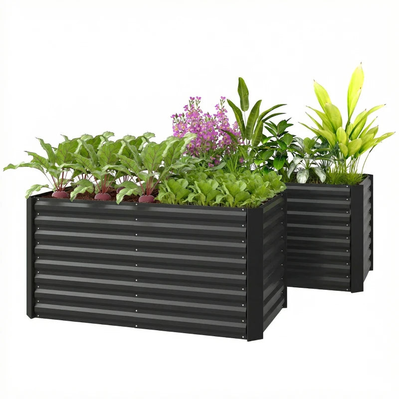 Set of 2 Galvanized Metal Planters for Outdoor Plants, 4' x 2' x 2' Raised Garden Bed, Black