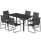 7 Pieces Outdoor Dining Set for 6, Glass Patio Table and Chairs with Decorative Armrests, All Weather Mesh, Black