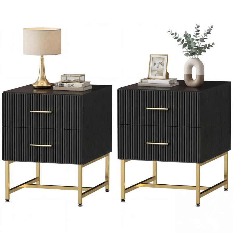 2 Pieces Nightstands with Storage, Modern Bedside Tables with 2 Fluted Drawers and Gold Legs for Bedroom, Black