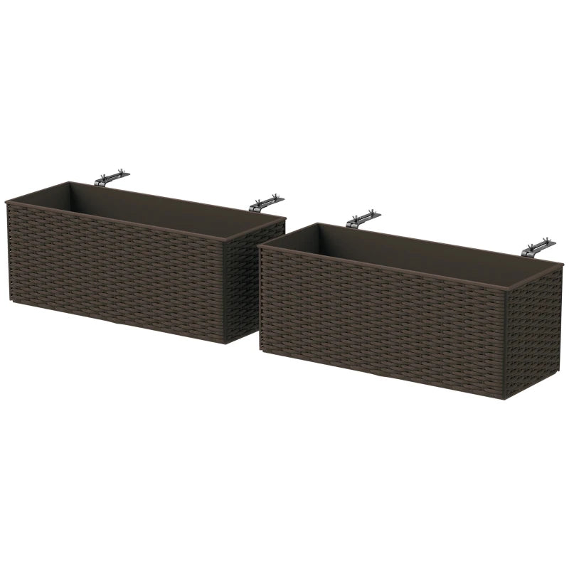 2 Pack 20 Inch Hanging Flower Pots, Railing Planter Box for Fence, Garden, Rattan Look, Brown
