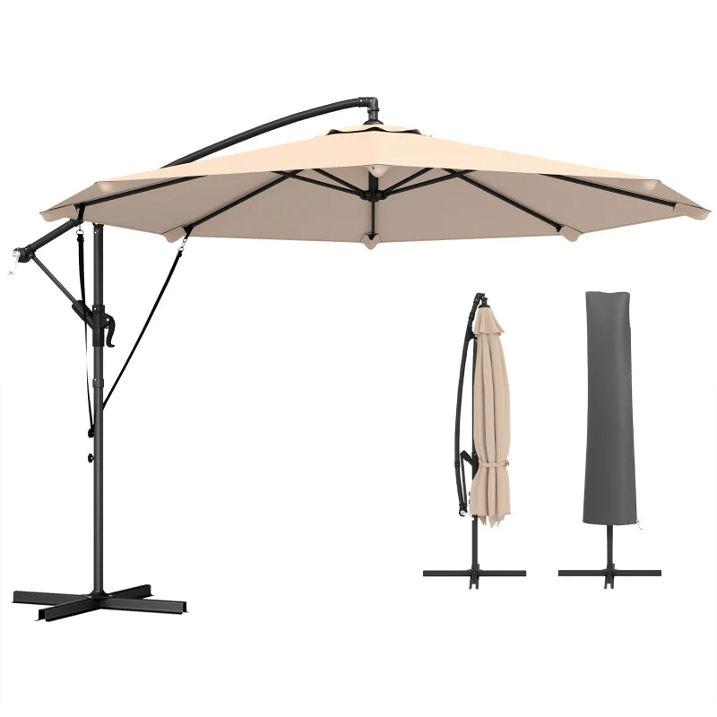 10FT Cantilever Patio Umbrella with 8 Ribs, Offset Patio Umbrella with Cover and Wind Ropes for Garden, Yard, Khaki