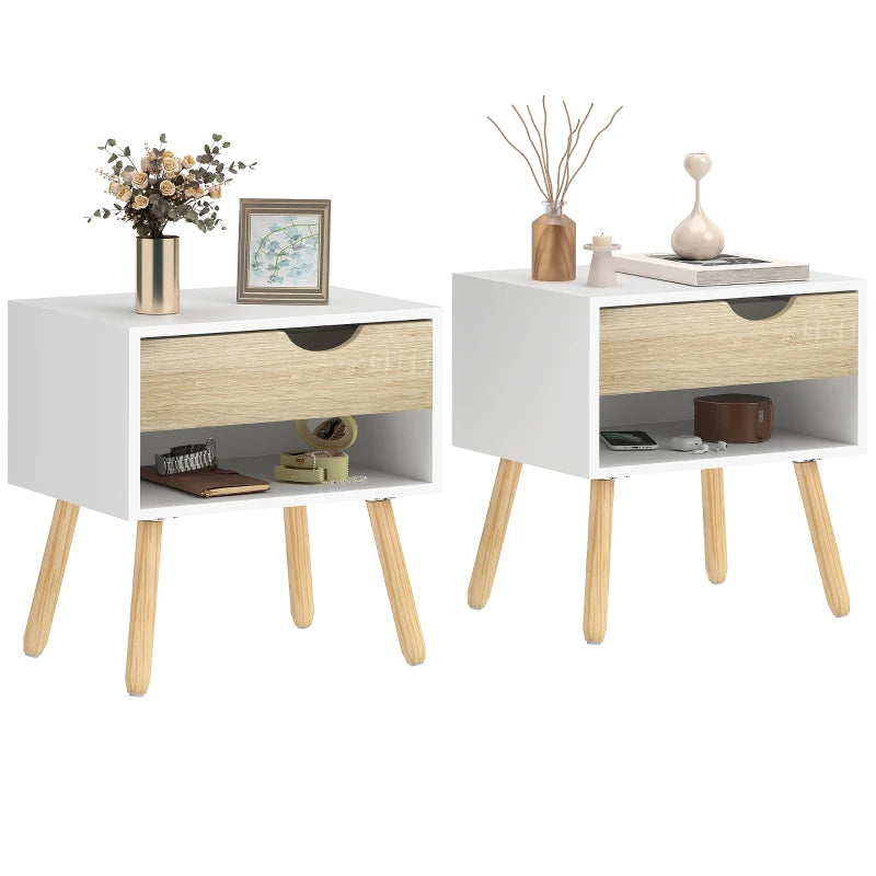 Set of 2 Bedside Table with Drawer and Shelf, Modern Nightstand with Wooden Legs, End Table for Bedroom, White