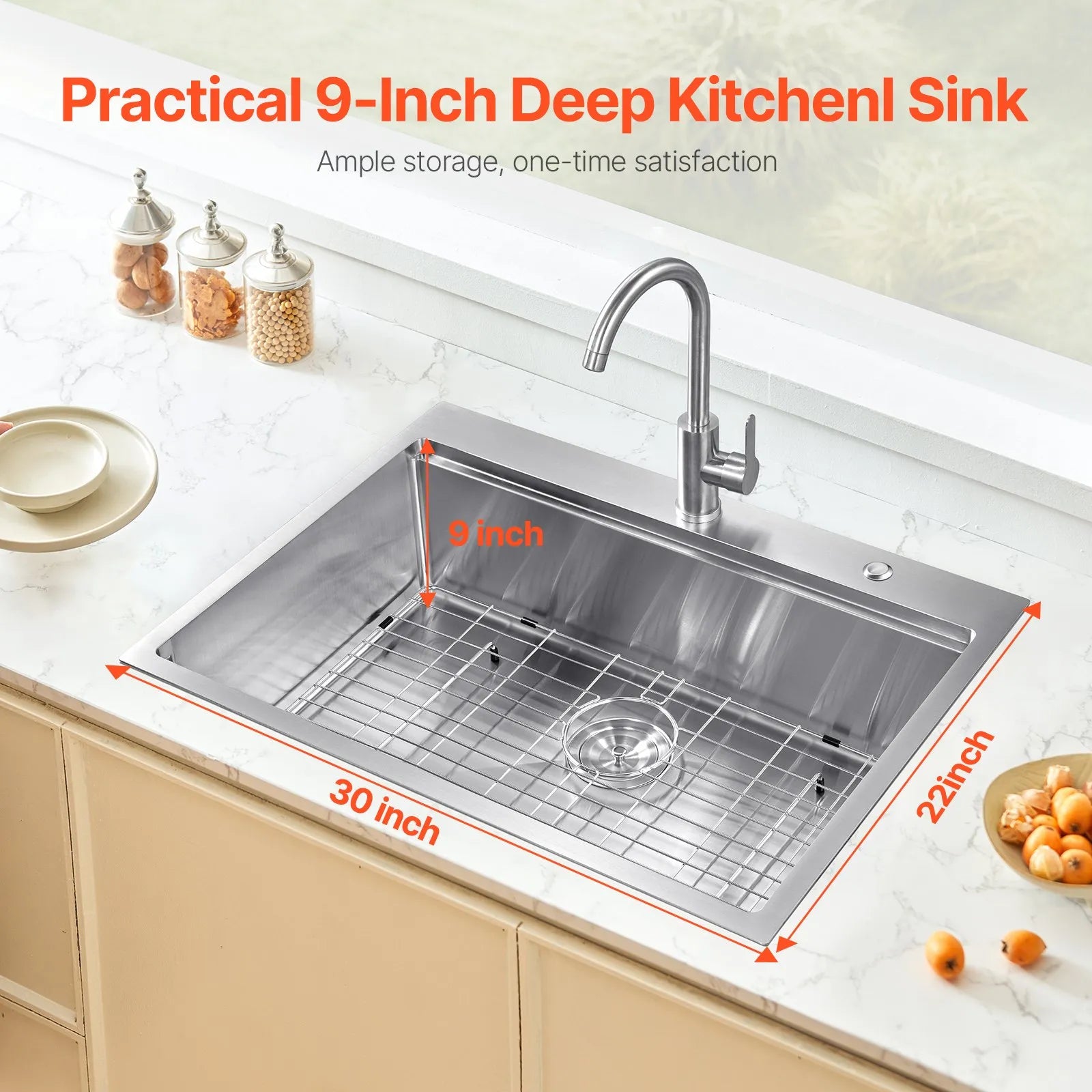 VEVOR 30" Kitchen Sink Top Mount Single Bowl Drop-In Basin Stainless Steel Bar