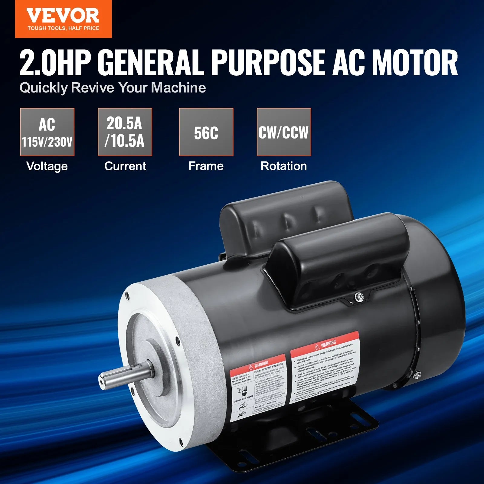 VEVOR 2HP Electric Motor 1725RPM AC 115V/230V 56C Frame 1-Phase 5/8" Keyed Shaft