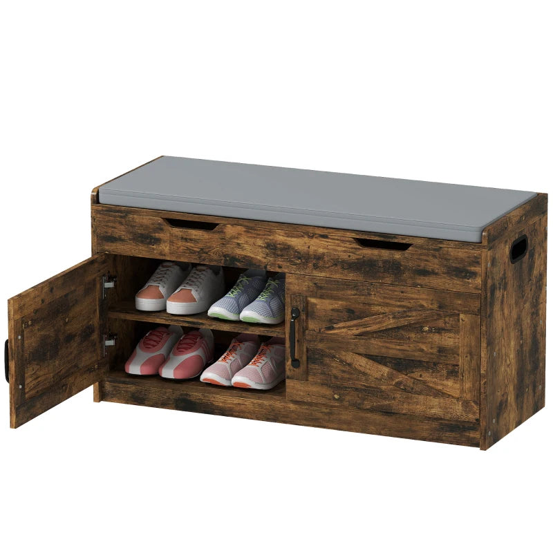 Shoe Storage Bench, Entryway Bench with 2-Tier Cabinet, Flip-Top Storage, Padded Cushion for Hallway, Rustic Brown
