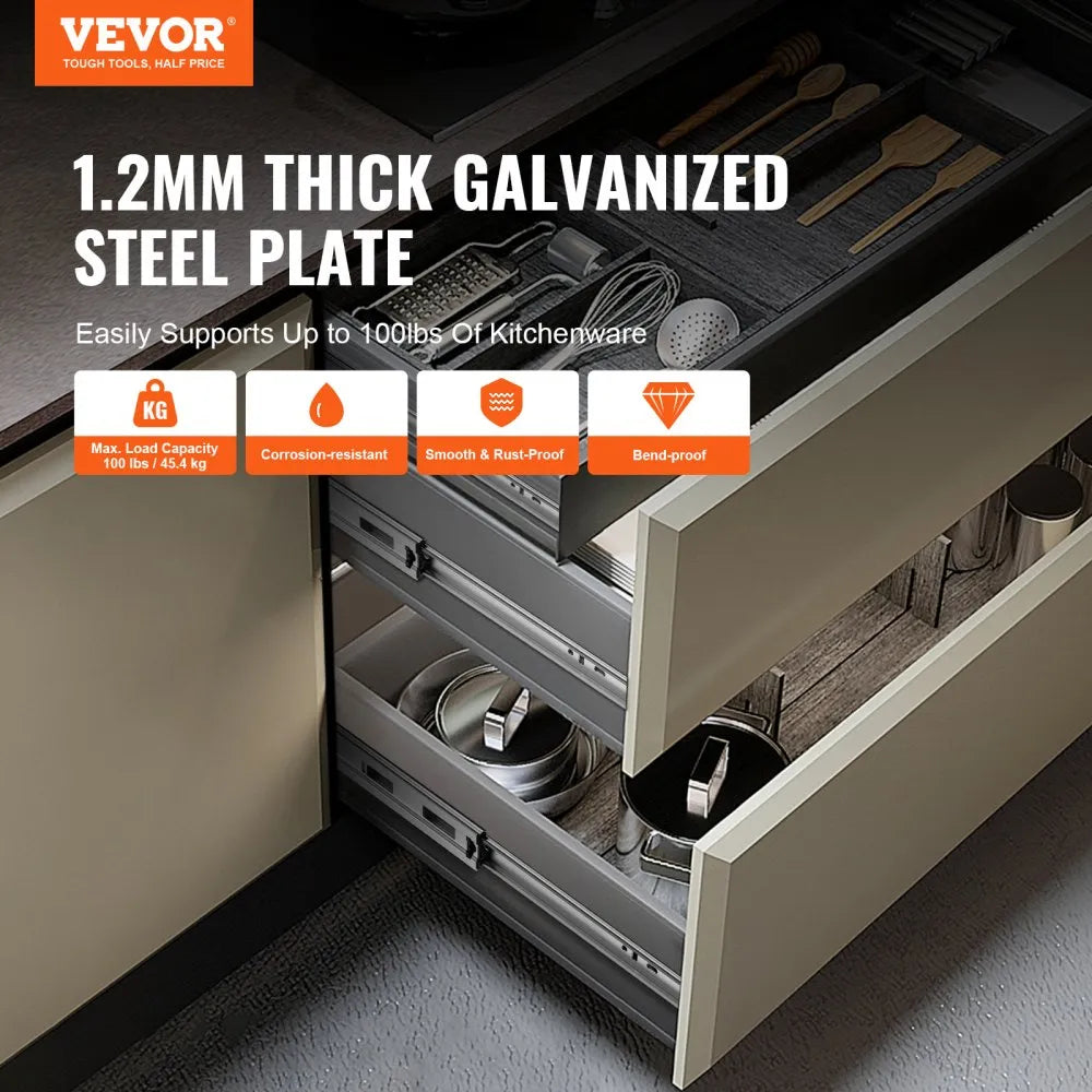 VEVOR 10 Pairs of 22 Inch Drawer Slides Side Mount Rails, Heavy Duty Full Extension Steel Track, Soft-Close Noiseless Guide Glides Cabinet Kitchen Runners with Ball Bearing, 100 Lbs Load Capacity