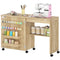 Sewing Machine Table on Wheels, Folding Craft Table with 2 Bins, Storage Shelf, 18 Pegs, Lockable Wheels, Natural