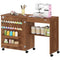 Sewing Machine Table on Wheels, Folding Craft Table with 2 Bins, Storage Shelf, 18 Pegs, Lockable Wheels, Brown