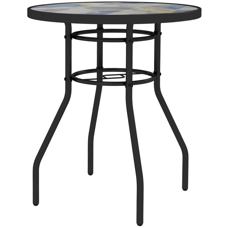 23.6" Round Patio Table, Outdoor Side Table with Glass Printed Top, Multicolour