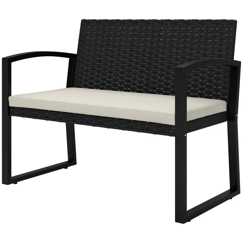 2 Seater Outdoor Bench, Rattan Garden Bench Loveseat with Cushion, Armrests, Steel Frame for Patio, Porch, Beige