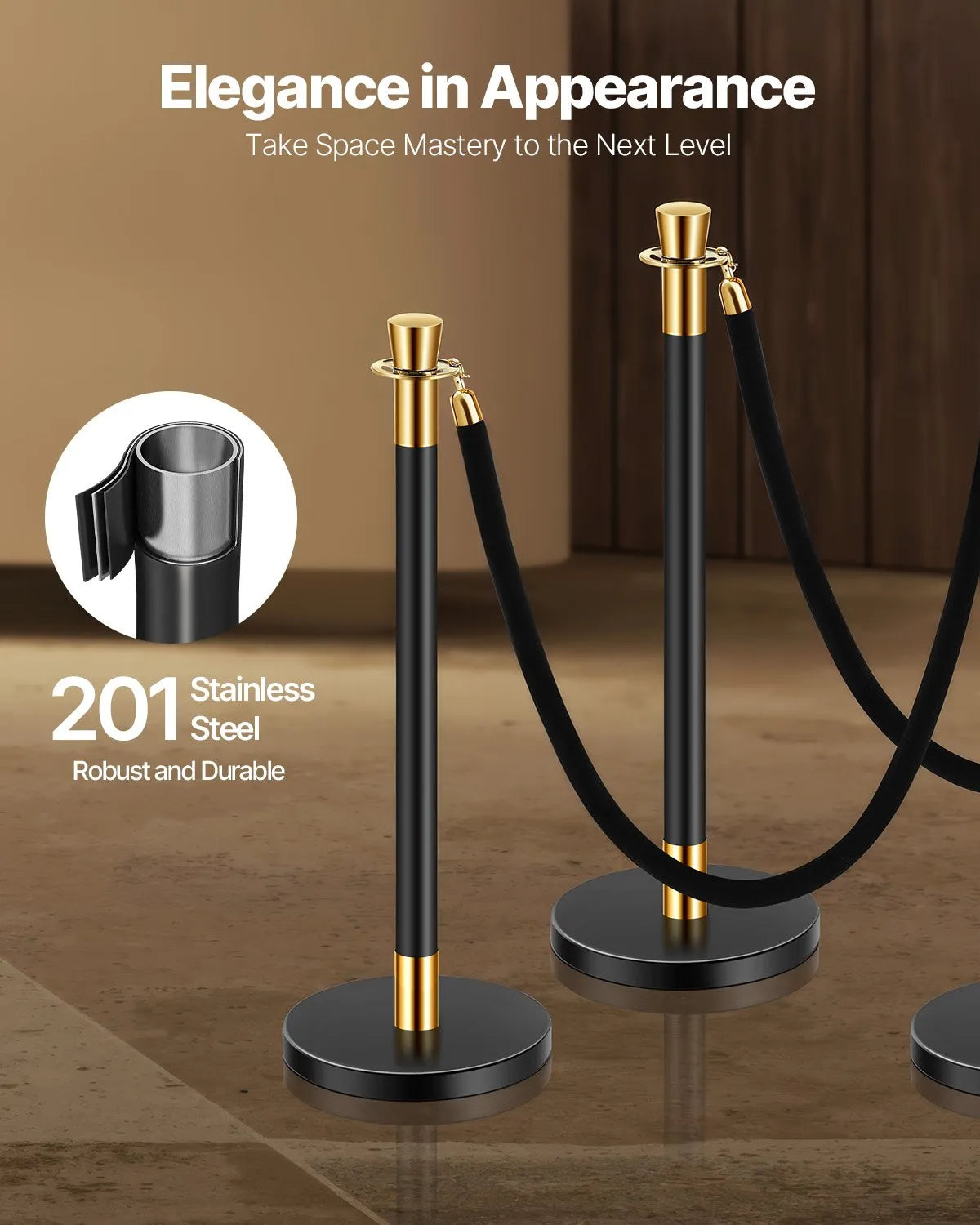 VEVOR 6 Pcs Stanchion Post with 4 Black Velvet Ropes Sand Injection Hollow Base