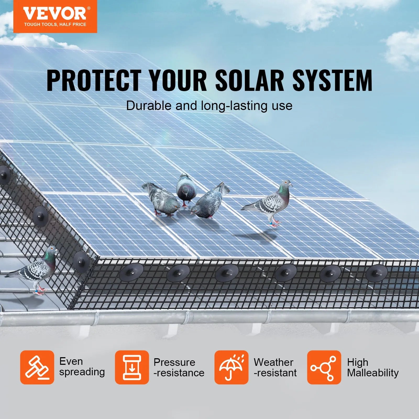 VEVOR 8 inch x 100ft Solar Panel Bird Guard, Critter Guard Roll Kit with 70pcs Stainless Steel Fasteners, Solar Panel Guard with Rust-proof PVC Coating, 1/2 inch Wire Roll Mesh