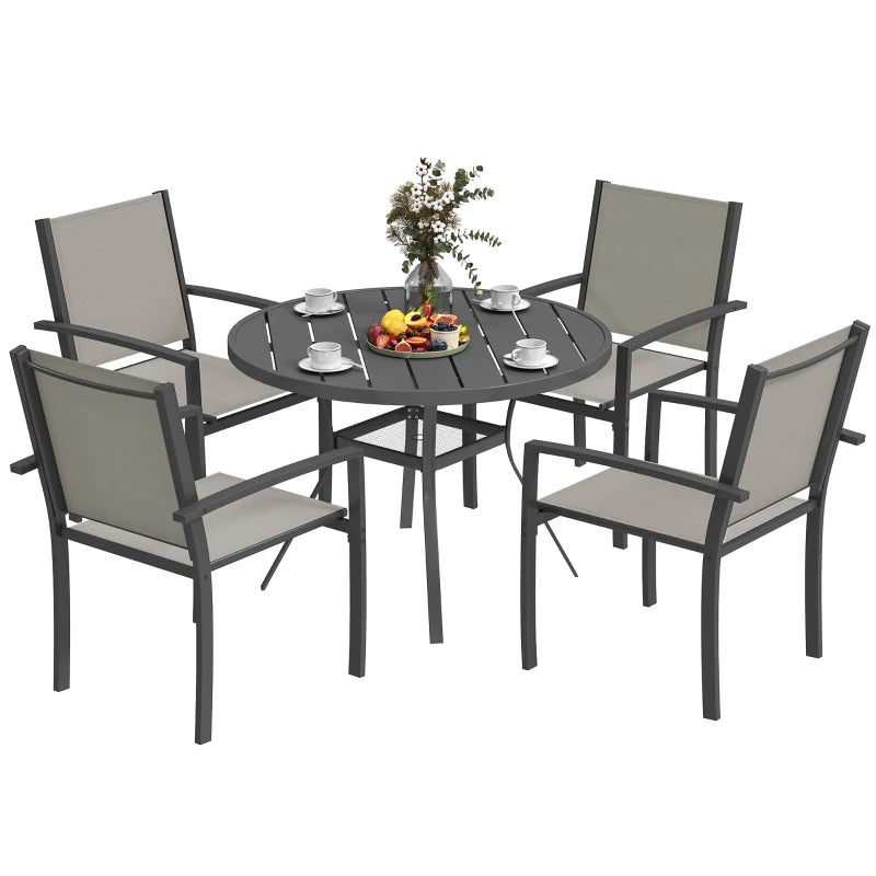 5 Piece Outdoor Dining Set with Round Table and 4 Stackable Chairs, for Backyard, Lawn, Deck, Balcony, Pool Side