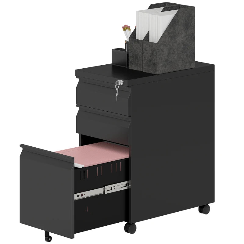 3 Drawer Filing Cabinet with Lock, Steel Office Storage Cabinet with Hanging Bar for A4, Legal, Letter Files, Black