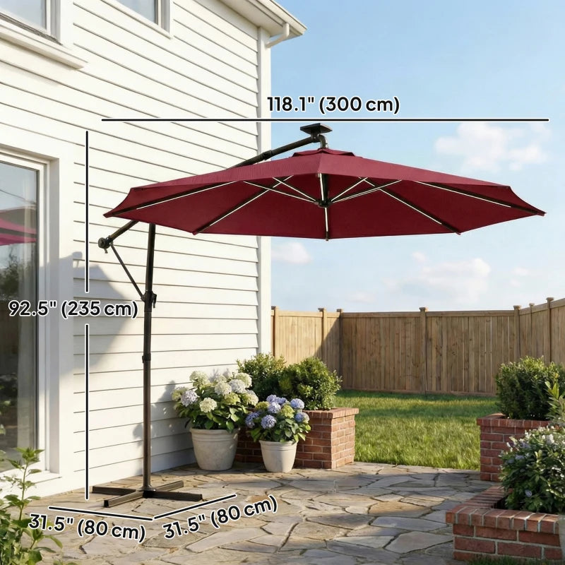 10 ft Offset Patio Umbrella with Solar Light, Garden Hanging Parasol with 360° Rotation, Tilt, Cover, Wine Red