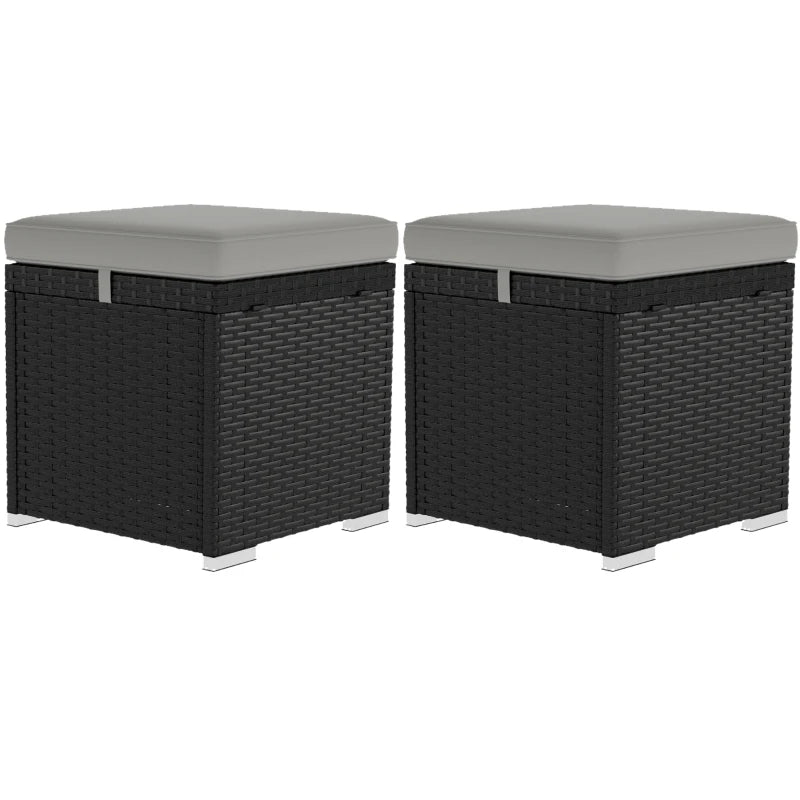 2 Pieces Wicker Outdoor Ottoman with Storage, Cushion, Square Outdoor Footstool, Seating, Side Table, Light Grey