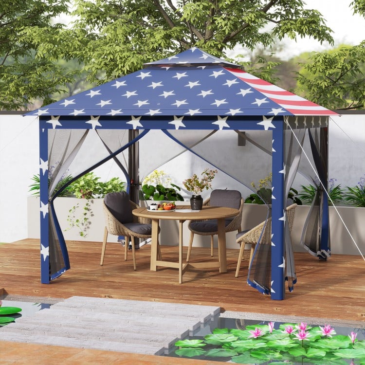 11 x 11 Feet 2-Tier Pop-Up Gazebo Tent Portable Canopy Shelter Carry Bag Mesh-Blue