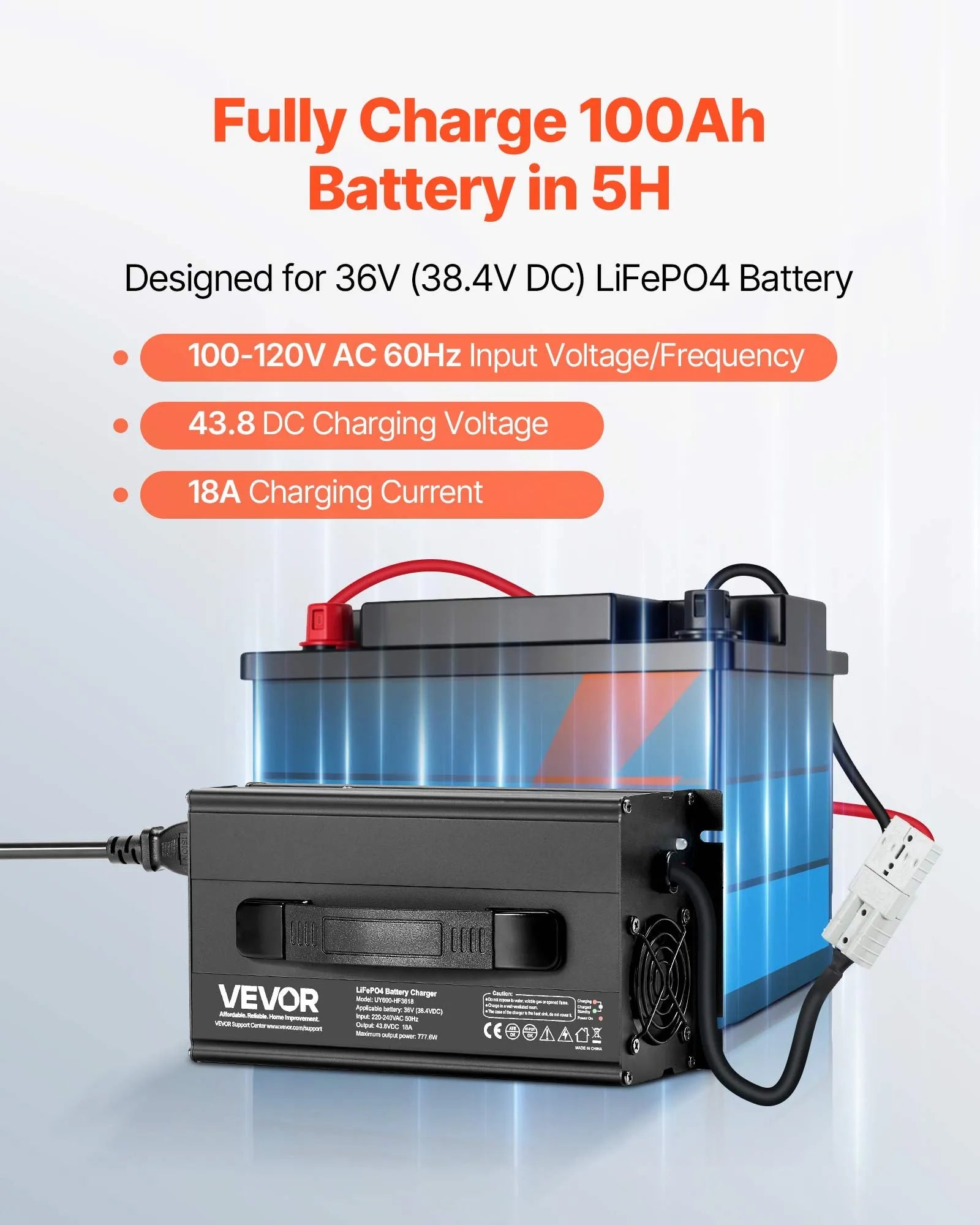VEVOR 36V 18A Lithium Battery Charger 43.8V AC-DC LiFePO4 Smart Charger for RV