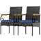 Set of 2 Rattan Outdoor Dining Chairs, Wicker Patio Chairs with Removable Cushion, Acacia Wood Armrests, Navy Blue