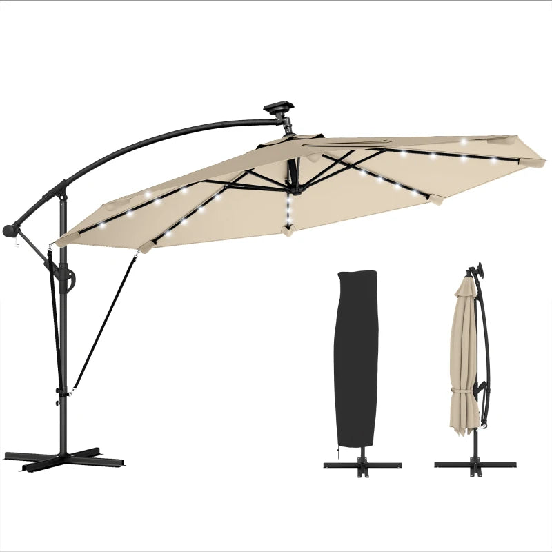 11.3 ft Cantilever Patio Umbrella with Light, Cover, Aluminium UPF50+ Offset Outdoor Umbrella Parasol, Khaki