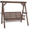 3 Seat Wooden Porch Swing with Stand, Patio Swing with Side Tables, for Garden, Poolside, Backyard, Carbonized Brown