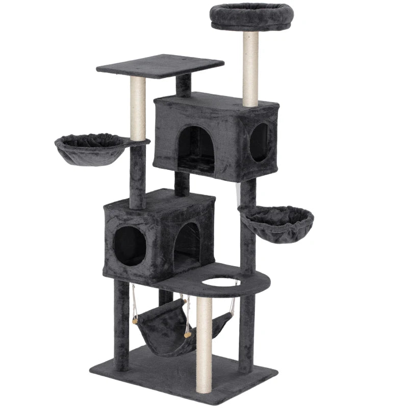 66 Inch Large Cat Tree with 2 Door Condos, 3 Big Hammocks, Plush Top Perch, Sisal Scratching Posts, Dark Grey