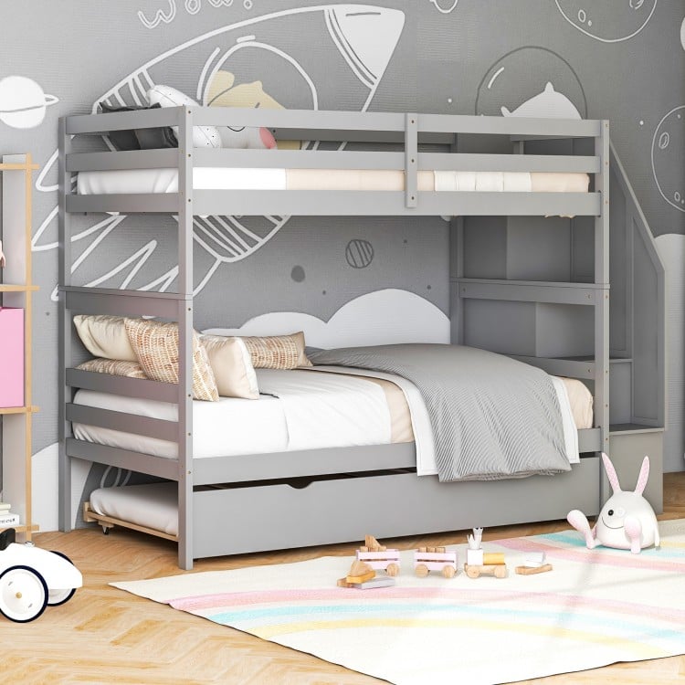 Home Wood Bunk Bed with Guard Rail and 4-step Storage Stairs No Box Spring Needed-Gray