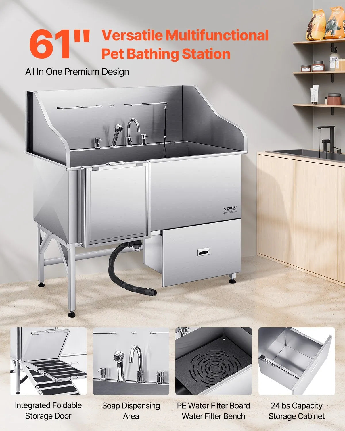 VEVOR 61 Inch Dog Grooming Bath Tub Stainless Steel w Ramp Water Filter Left