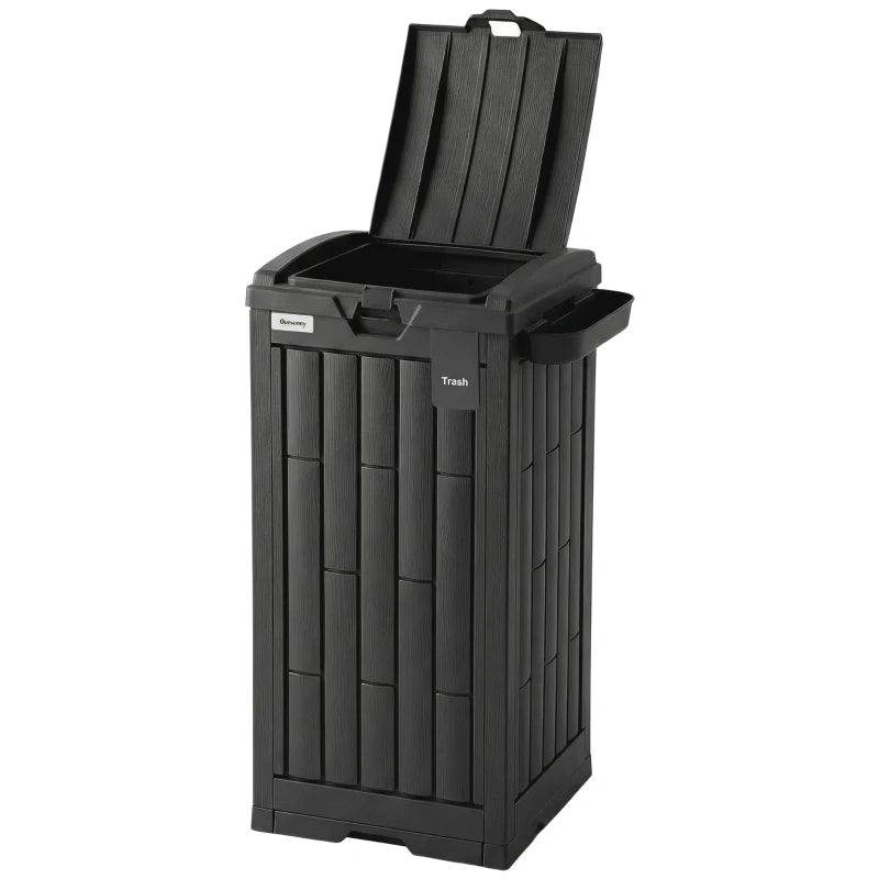 29 Gallon Outdoor Garbage Bin with Dual Lid, Plastic Outdoor Waste Trash Can with Side Holder and Drip Tray, Black