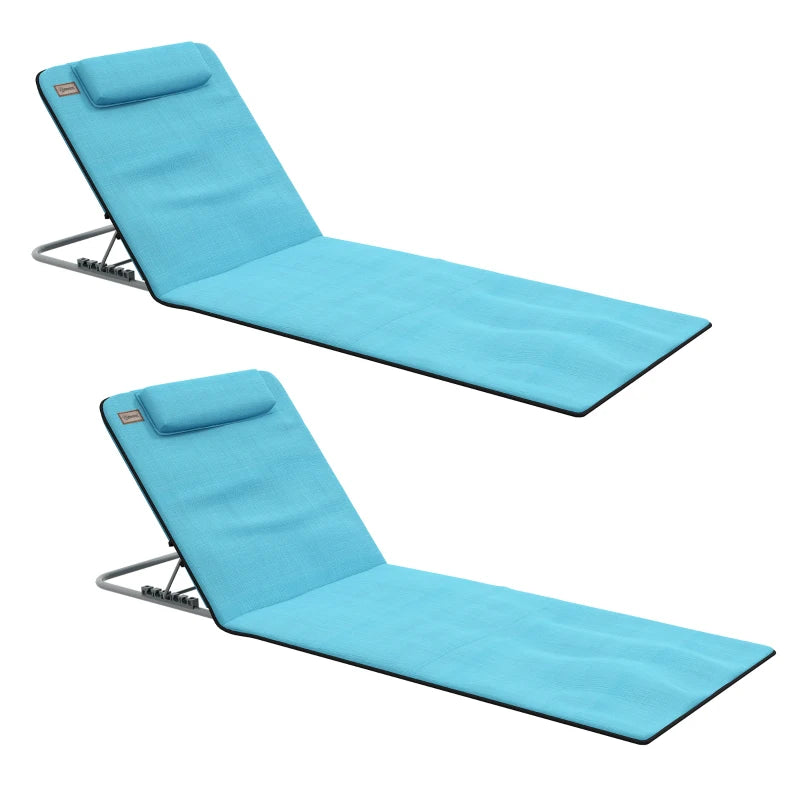 2 Pieces Beach Lounge Chair, Outdoor Folding Chaise Lounge Set w/ Pillow for Sunbath, Snap, Blue