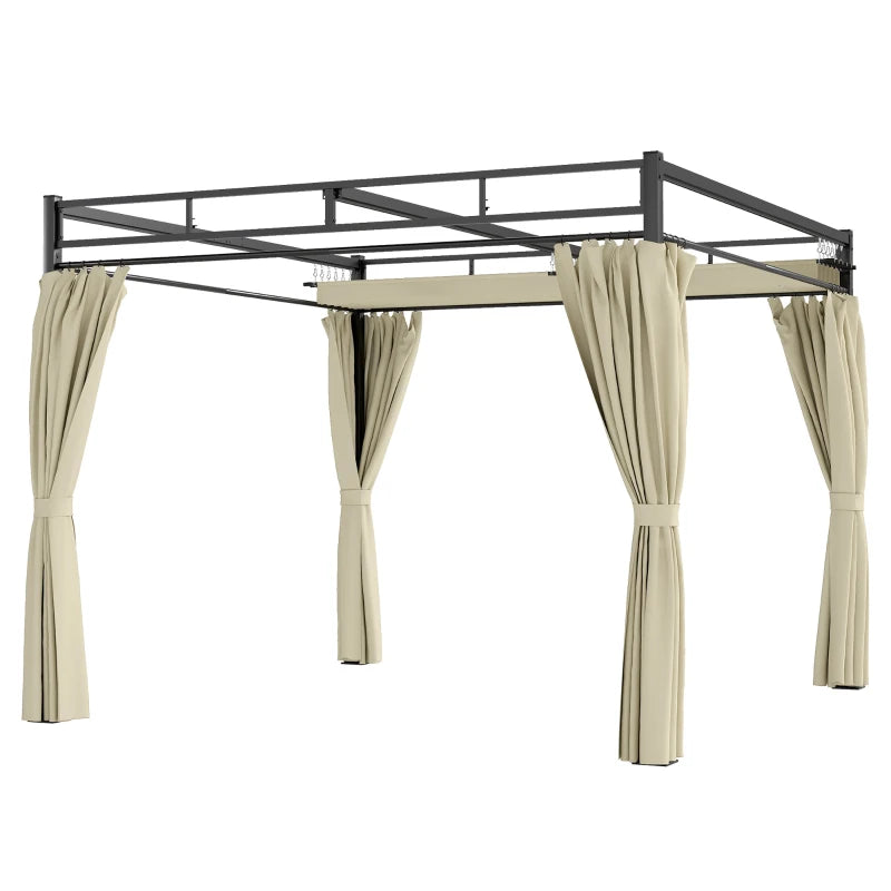 10' x 10' Outdoor Gazebo, Retractable Pergola Canopy with Curtains, UPF30+ Free Standing Metal Pergola Kit, Beige