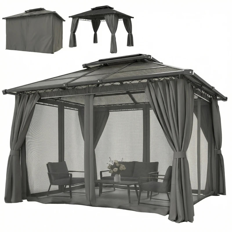 10' x 12' Outdoor Gazebo Canopy, Double Roof Hardtop Gazebo with Polycarbonate Roof, Steel Frame, Nettings and Curtains