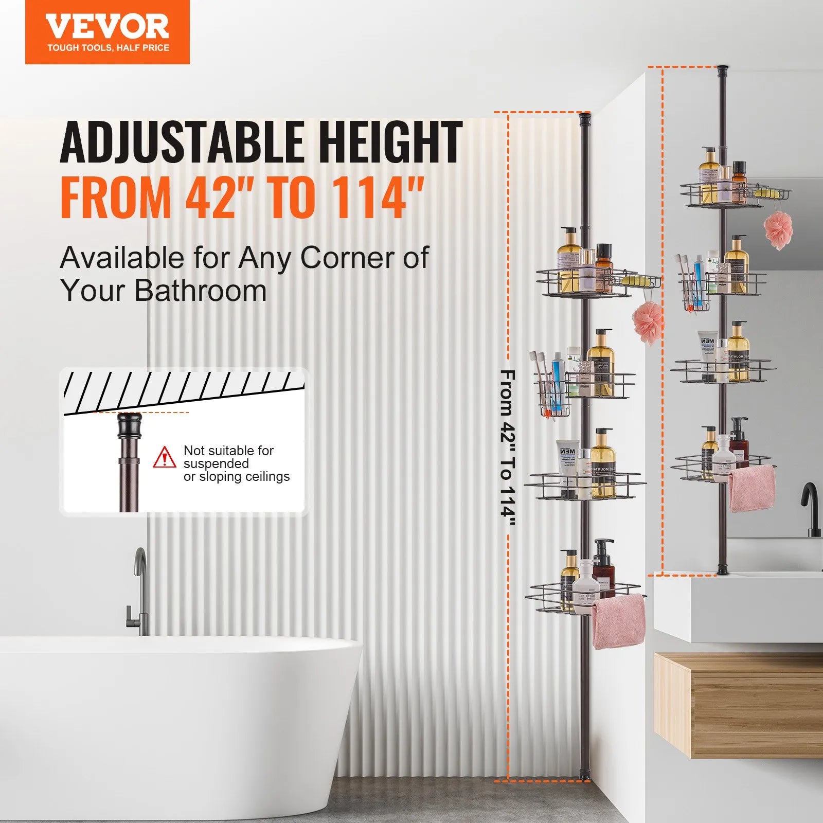 VEVOR 42" to 114" High Shower Corner Caddy Tension Pole Rust-Proof Tension Pole