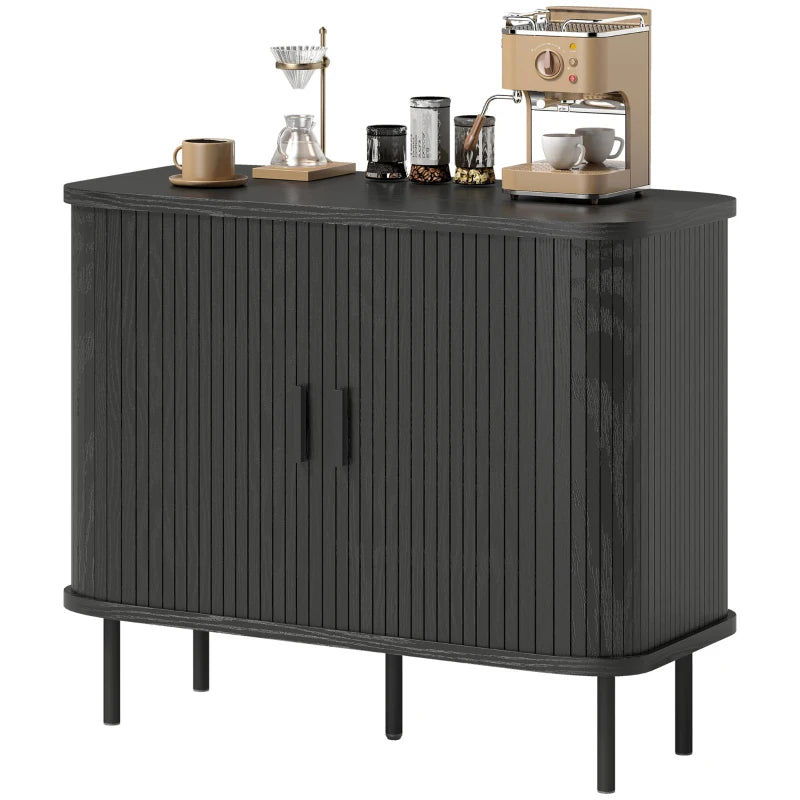 35.4" Sideboard Buffet Cabinet with Storage, Nordic Coffee Bar Cabinet with Slatted Tambour Doors and Metal Legs, Black