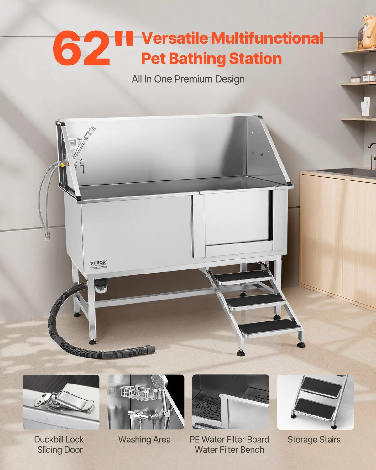 VEVOR 62 Inch Dog Grooming Bath Tub Stainless Steel w Stairs Water Filter