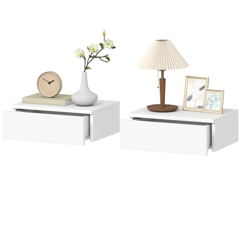 Set of 2 Wall Mounted Bedside Tables, Floating Nightstands with Drawer for Bedroom, White