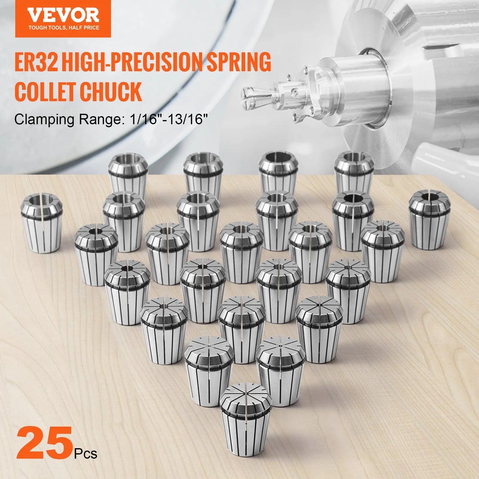 VEVOR 25 pcs ER32 Collet Set, 1/16''-13/16'', ER32 Spring Collet Chuck Set, 0.0006"/15 µm TIR Lathe Chuck Tool with 25 Labeled Storage Boxes, for CNC Engraving Machine Milling Lathe Tool Drill Press