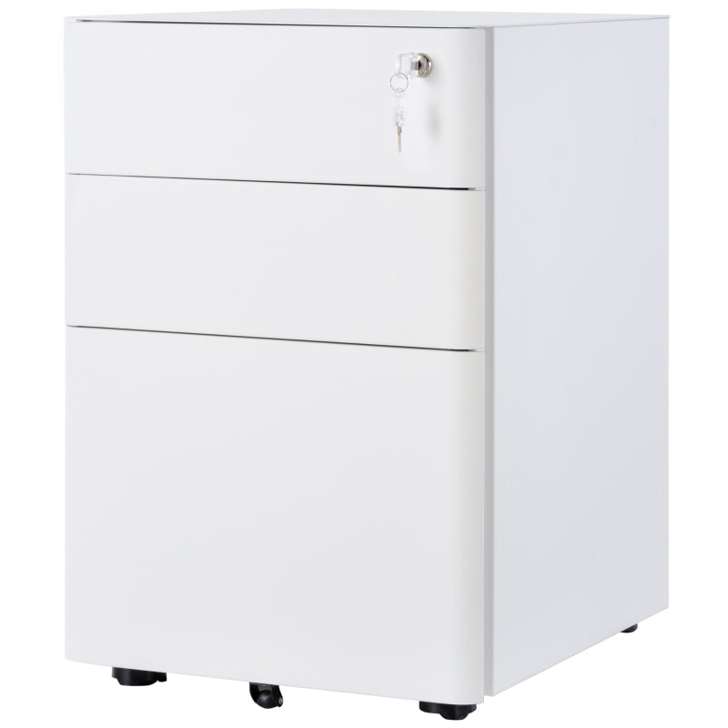 3 Drawer Filing Cabinet, Steel Home Office Storage Cabinet with Wheels, Lock for A4, Letters, Legal-sized Files, White