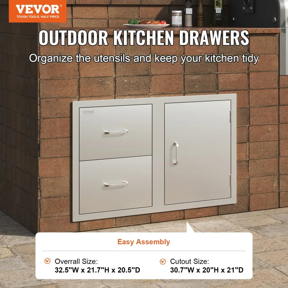 VEVOR Outdoor Kitchen Door Drawer Combo 32.5\" W x 21.6\" H x 20.5\'\'D, Access Door/Double Drawers with Paper Towel Rack, BBQ Island Drawers with Stainless Steel Handles for Outdoor Kitchen