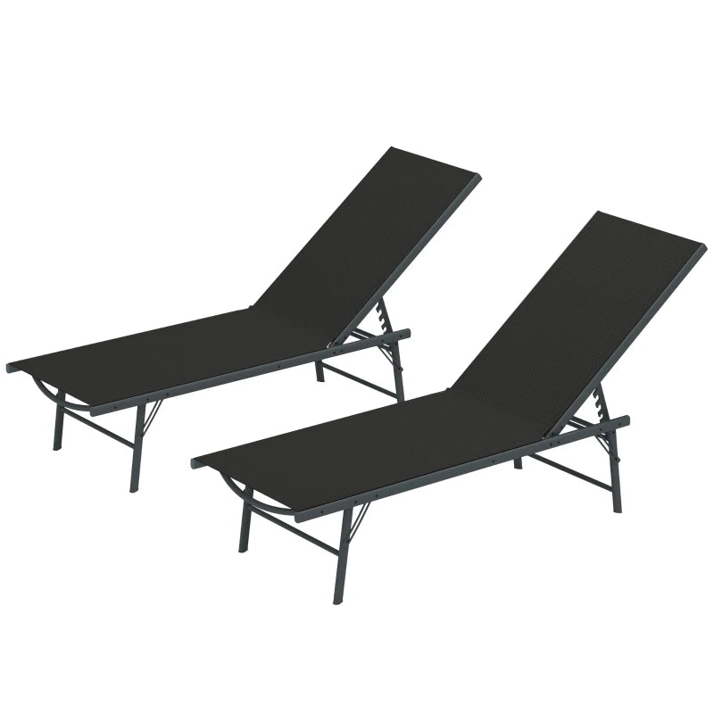 2 Pieces Folding Outdoor Lounge Chairs, Reclining Chaise Lounge Tanning Chair w/ Adjustable Back, Mesh Seat, Black