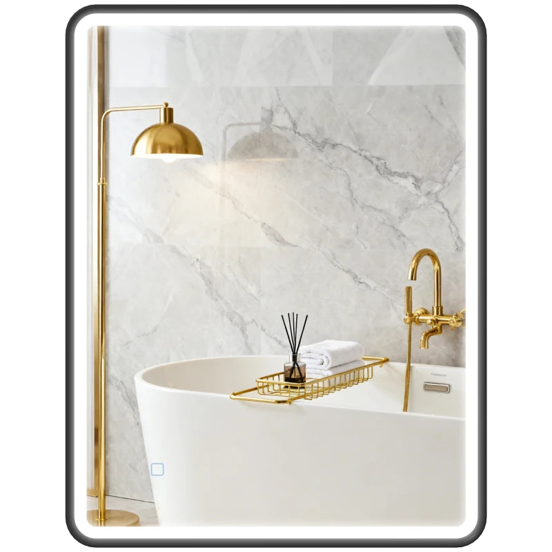 36" x 28" Bath Mirror with LED Lights, Wall Mounted Restroom Mirror, 3 Colours, Dimmable, Horizontal/Vertical, Black