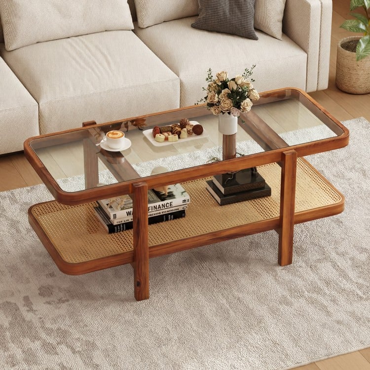 2-Tier Coffee Table with Storage and Tempered Glass Tabletop-Coffee