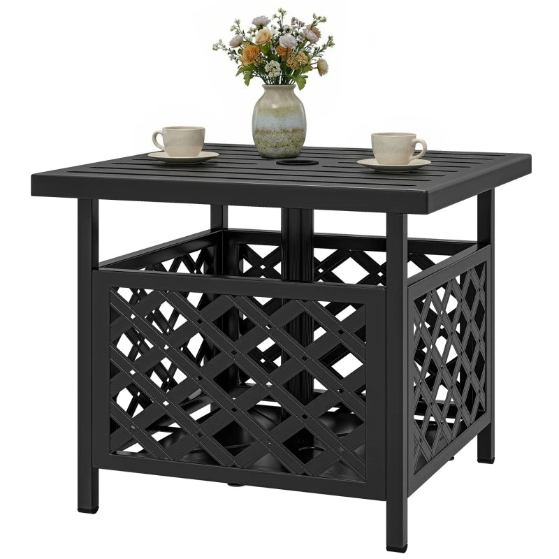 22" Outdoor Coffee Table, Patio Side Table with Umbrella Hole Slatted, Metal Top, for Garden, Backyard, Poolside, Black