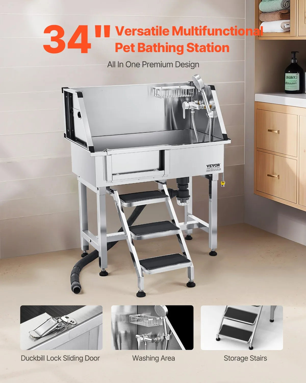 VEVOR 34" Dog Grooming Bath Tub Stainless Steel w Stairs Faucet Left Door