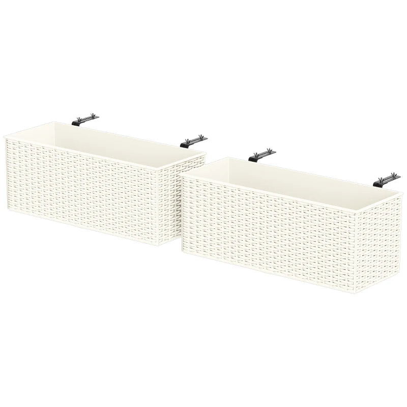 2 Pack 20 Inch Hanging Flower Pots, Railing Planter Box for Fence, Garden, Rattan Look, White