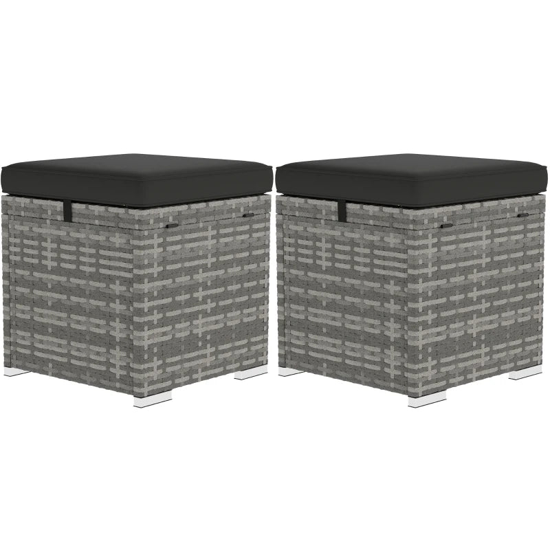 2 Pieces Wicker Outdoor Ottoman with Storage, Cushion, Square Outdoor Footstool, Seating, Side Table, Dark Grey