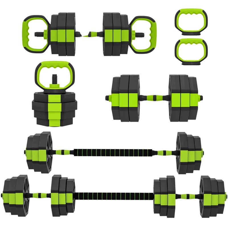 Soozier 6-in-1 Adjustable Dumbbell Set, Used as Kettlebell, Barbell, Dumbbell, Push-Up Stand, 66lbs Free Weights Set, Green