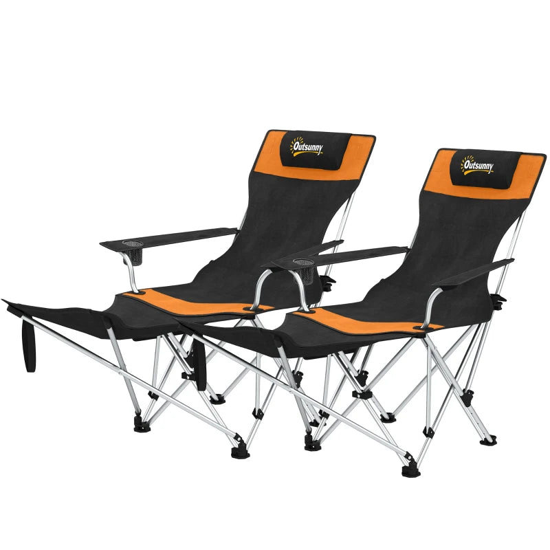 Set of 2 Reclining Camping Chair with Foot Rest, Folding Camping Chair w/ Headrest, Cup Holder, Storage Bag, Orange